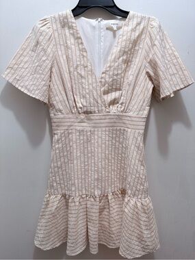 Lalavon Beige-White Striped V-Neck Short Dress